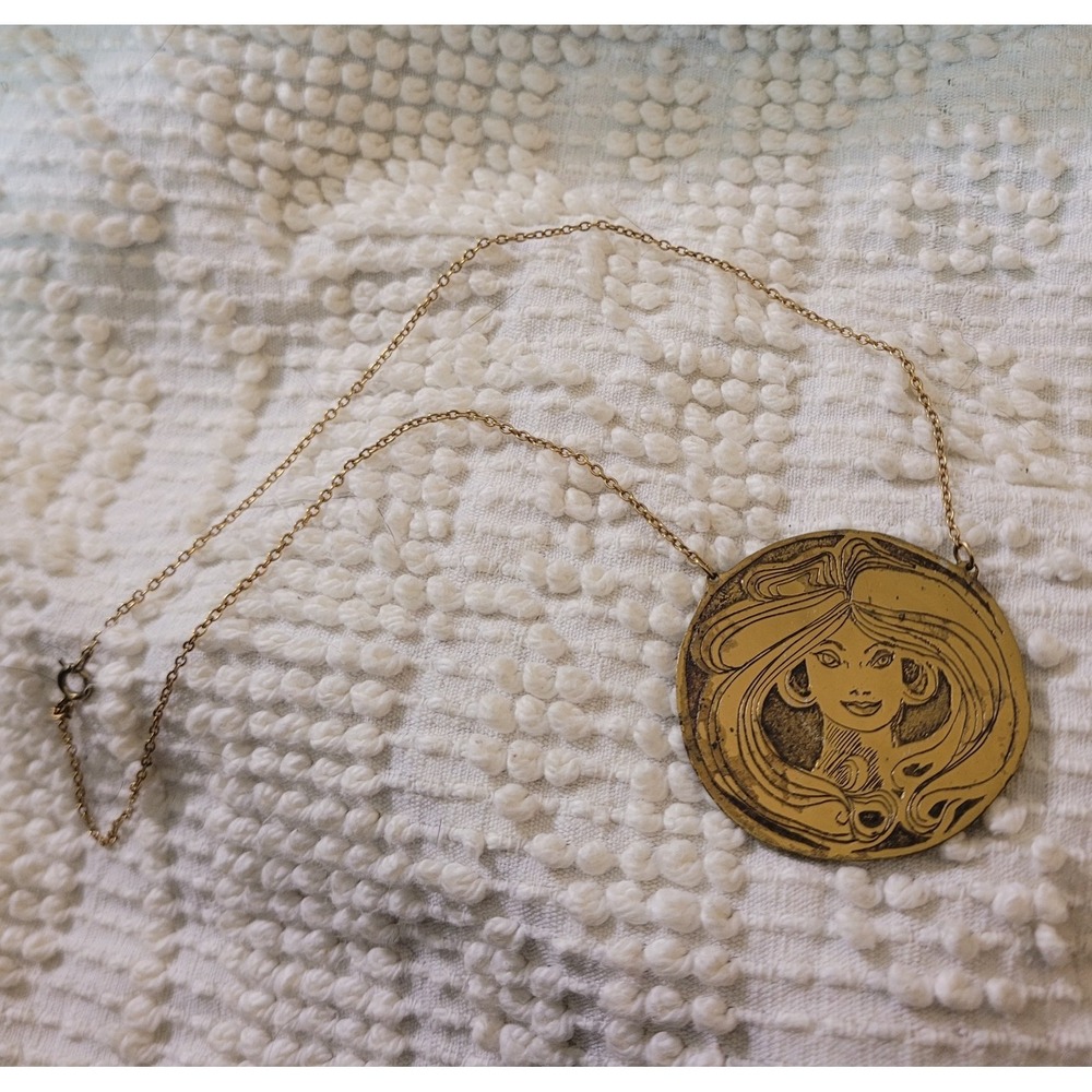 Vintage 70s Handmade Artesian Brass Gold Girl Necklace Groovy Hippy Best '79